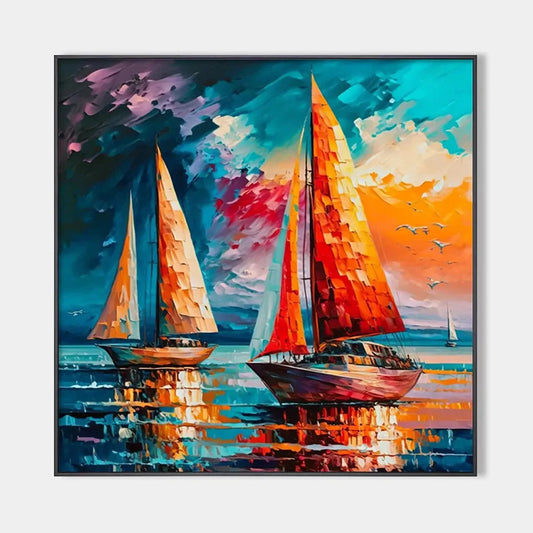 EVENING SAIL: Square Sailboat Painting, Colorful Sunset | hanging in EVENING SAIL: Square Sailboat Painting, Colorful Sunset featuring layered textured brushwork in refined tones; abstract composit...