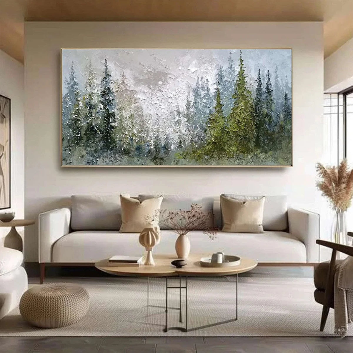 EVERGREEN SERENITY: Textured Impasto Pine Forest Landscape Painting | Landscape closeup, raised brushwork detail