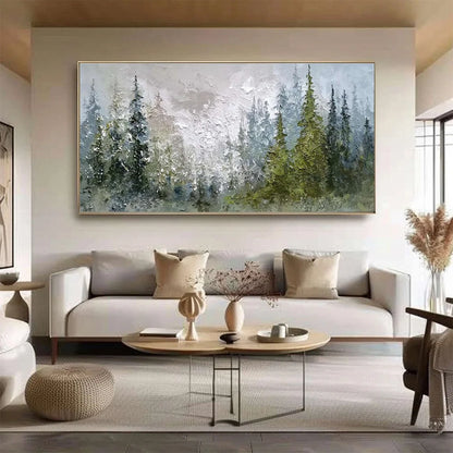 EVERGREEN SERENITY: Textured Impasto Pine Forest Landscape Painting | Landscape closeup, raised brushwork detail