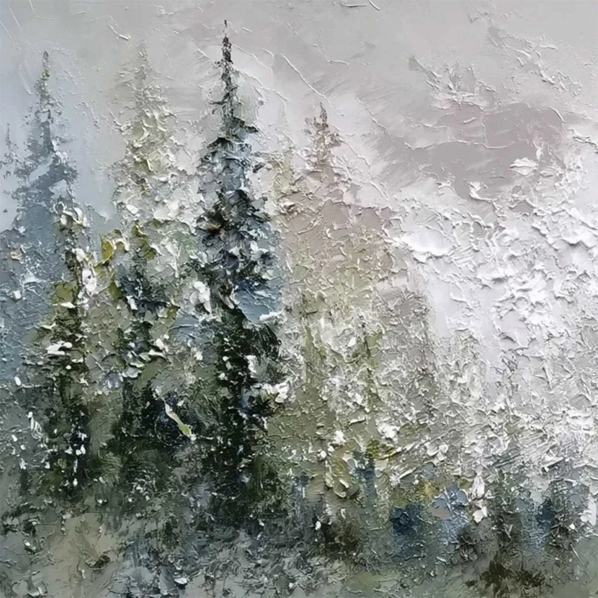 EVERGREEN SERENITY: Textured Impasto Pine Forest Landscape Painting | rectangular format, hand-painted canvas edge