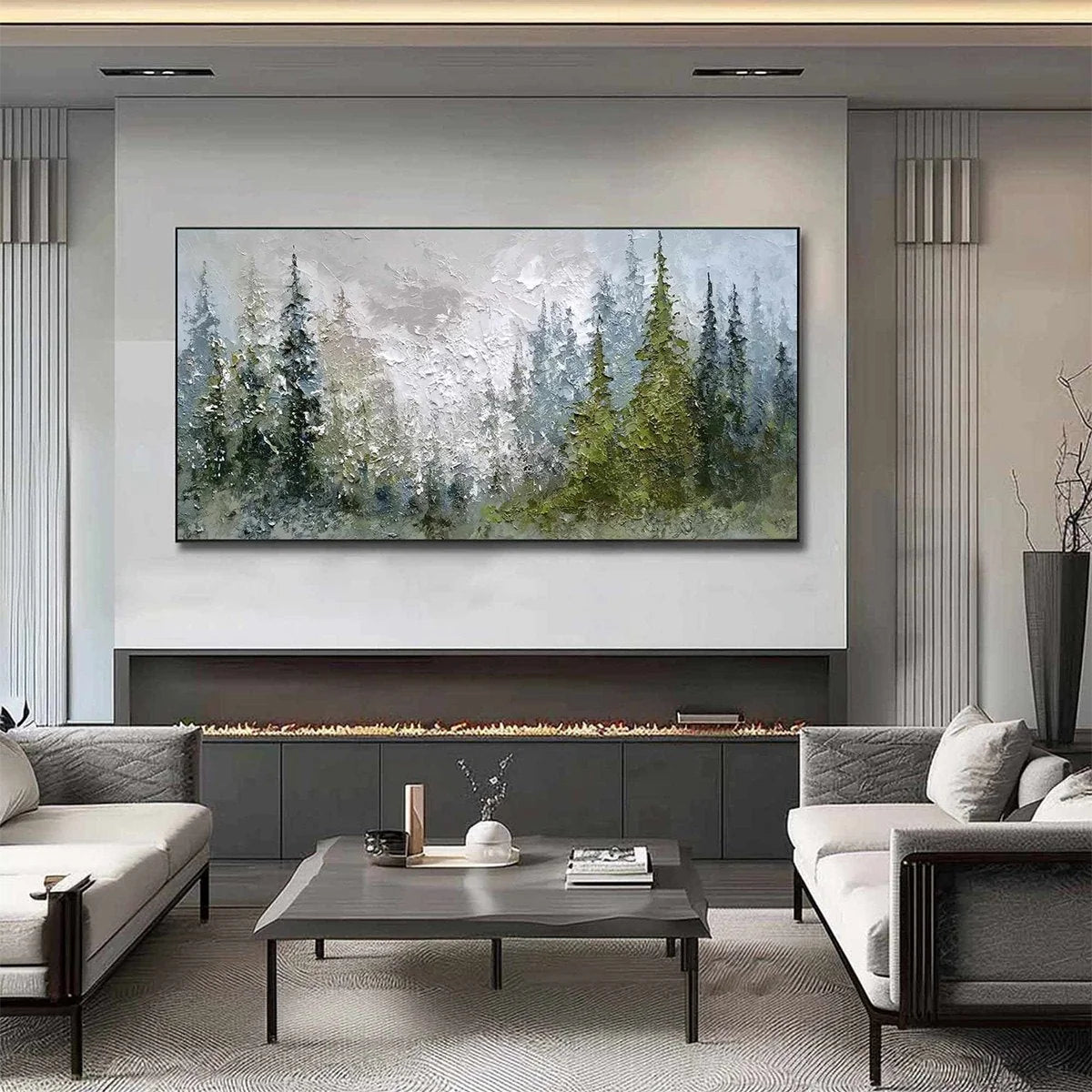 EVERGREEN SERENITY: Textured Impasto Pine Forest Landscape Painting | gold frame stretched on neutral wall
