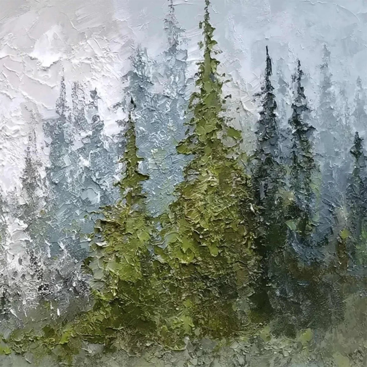 EVERGREEN SERENITY: Textured Impasto Pine Forest Landscape Painting | rolled canvas, ready for custom framing