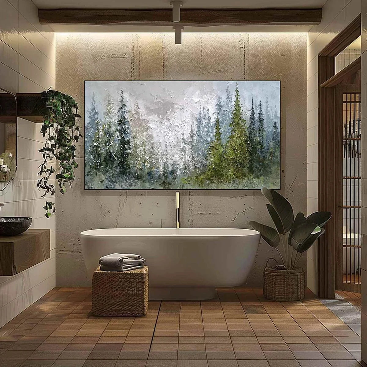 EVERGREEN SERENITY: Textured Impasto Pine Forest Landscape Painting | black frame version on white wall