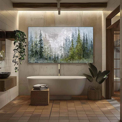 EVERGREEN SERENITY: Textured Impasto Pine Forest Landscape Painting | black frame version on white wall