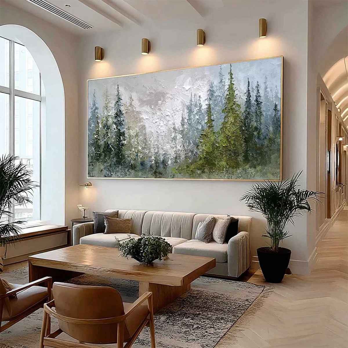 EVERGREEN SERENITY: Textured Impasto Pine Forest Landscape Painting | Landscape mood, soft natural light studio shot