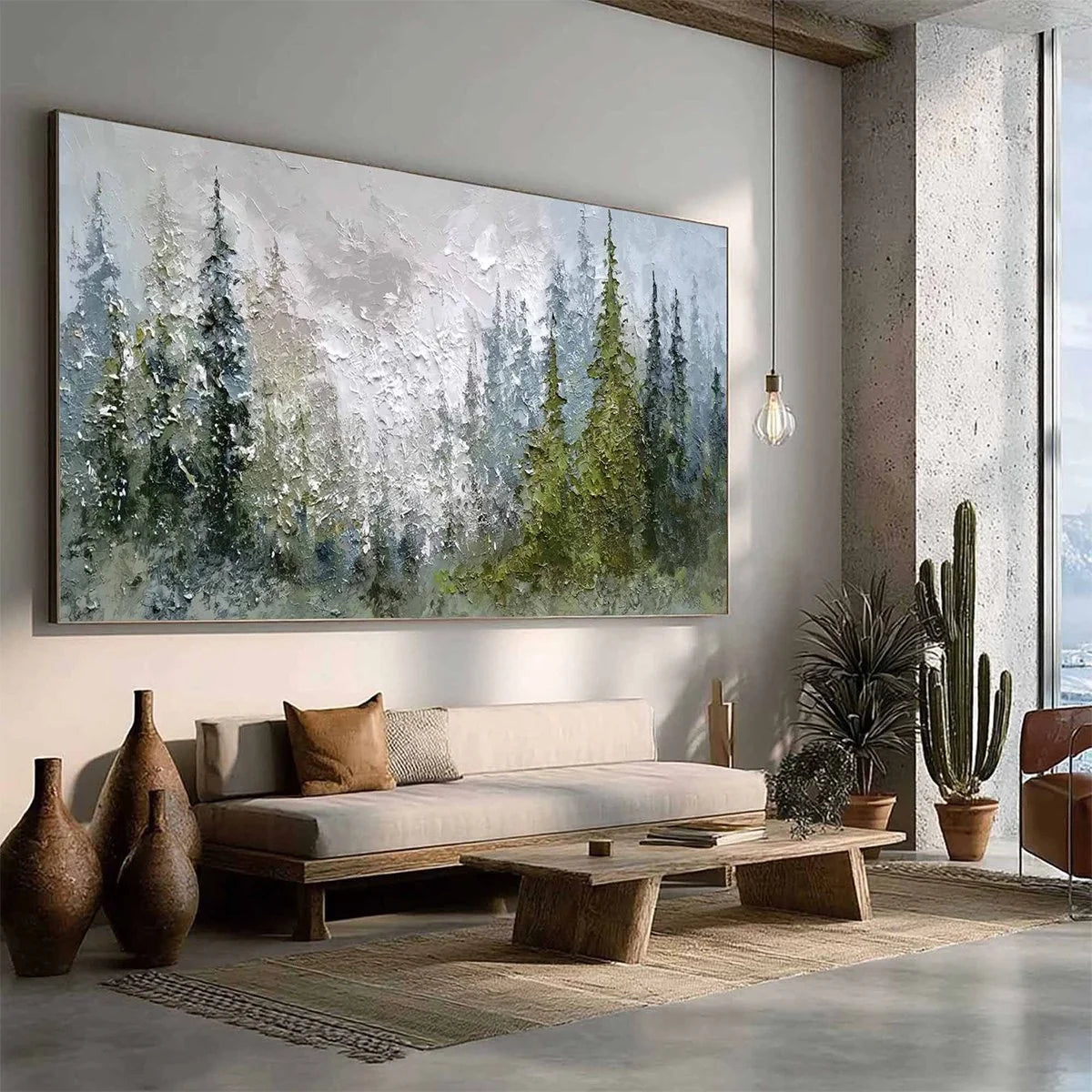 EVERGREEN SERENITY: Textured Impasto Pine Forest Landscape Painting | green palette, original Hand-painted on premium stretched canvas using artist-grade oils; rich layered surface combines smooth ...