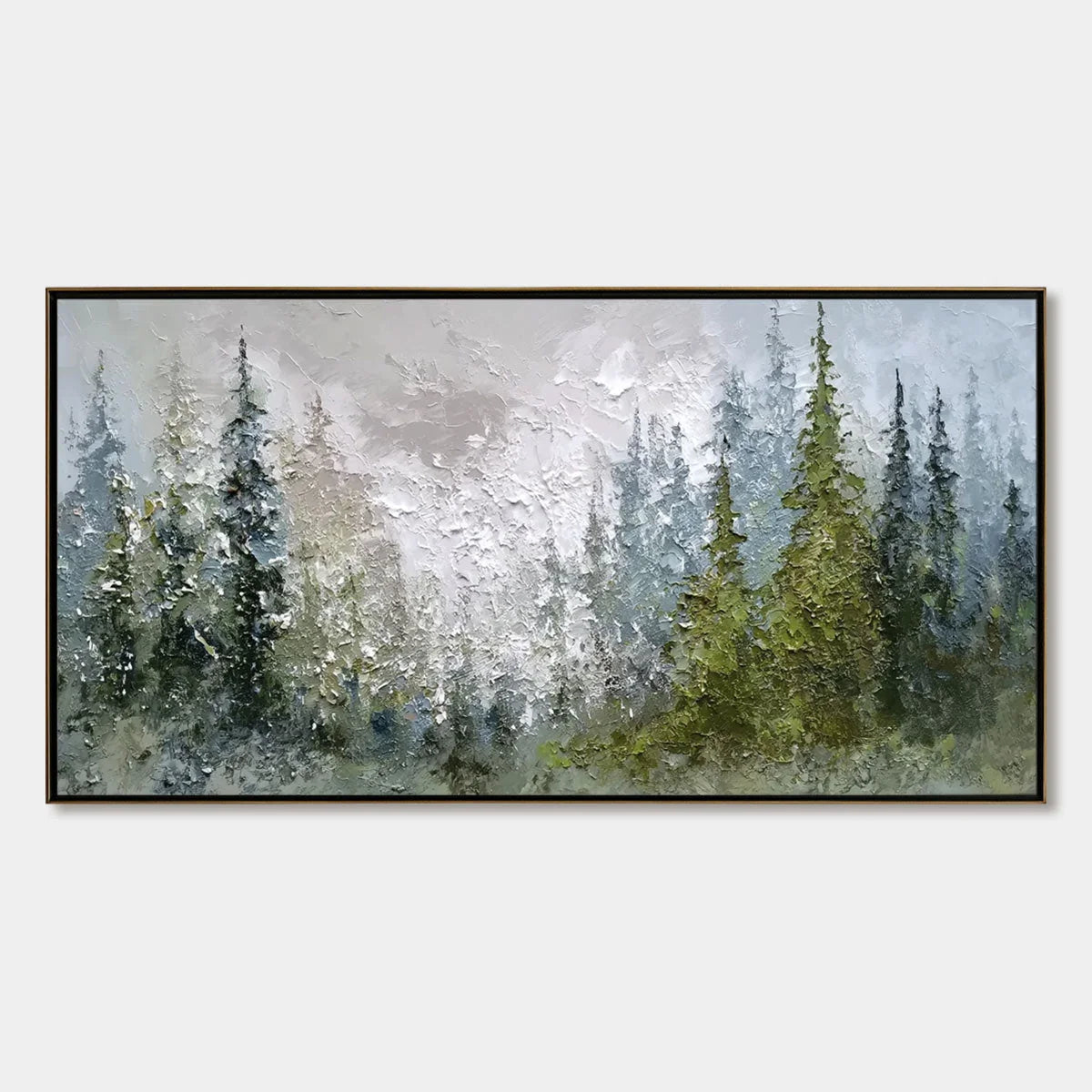 EVERGREEN SERENITY: Textured Impasto Pine Forest Landscape Painting | hanging in EVERGREEN SERENITY: Textured Impasto Pine Forest Landscape Painting featuring layered textured brushwork in refined ...