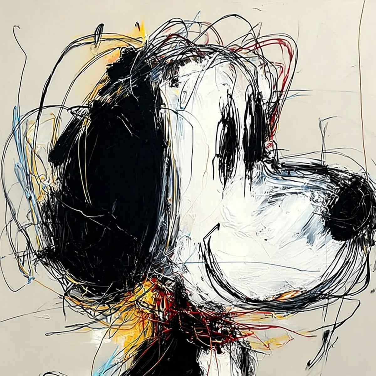 NOSTALGIC SCRIBBLE: Expressive Pop Art Dog Painting for Modern Decor | rectangular format, hand-painted canvas edge