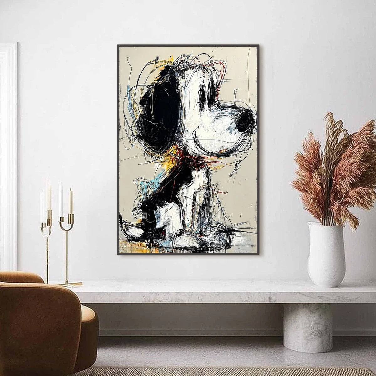 NOSTALGIC SCRIBBLE: Expressive Pop Art Dog Painting for Modern Decor | gold frame stretched on neutral wall