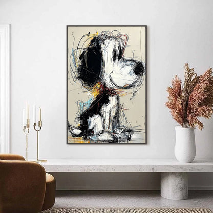 NOSTALGIC SCRIBBLE: Expressive Pop Art Dog Painting for Modern Decor | gold frame stretched on neutral wall
