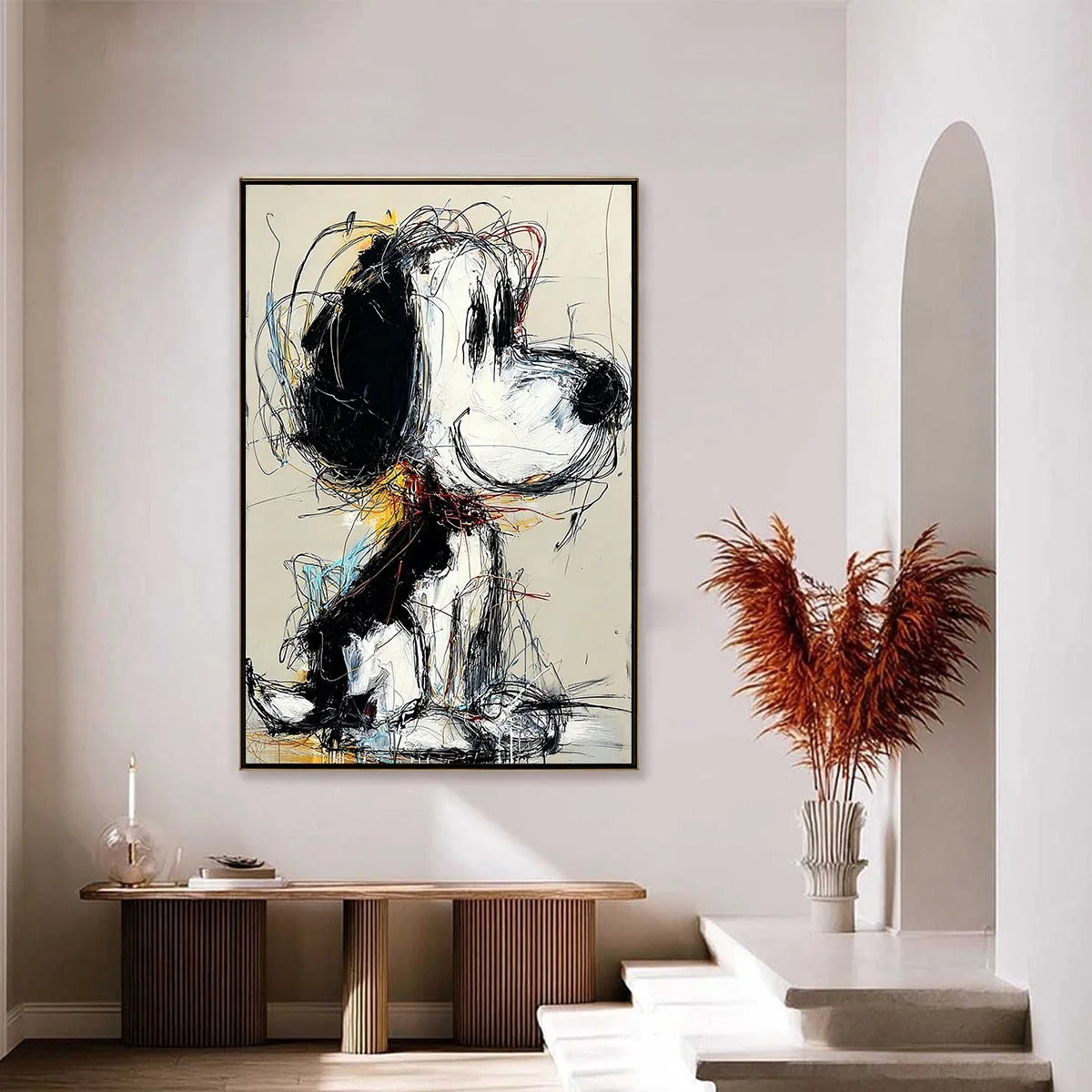 NOSTALGIC SCRIBBLE: Expressive Pop Art Dog Painting for Modern Decor | black frame version on white wall
