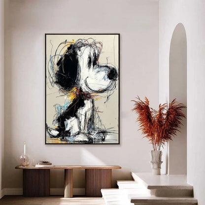 NOSTALGIC SCRIBBLE: Expressive Pop Art Dog Painting for Modern Decor | black frame version on white wall