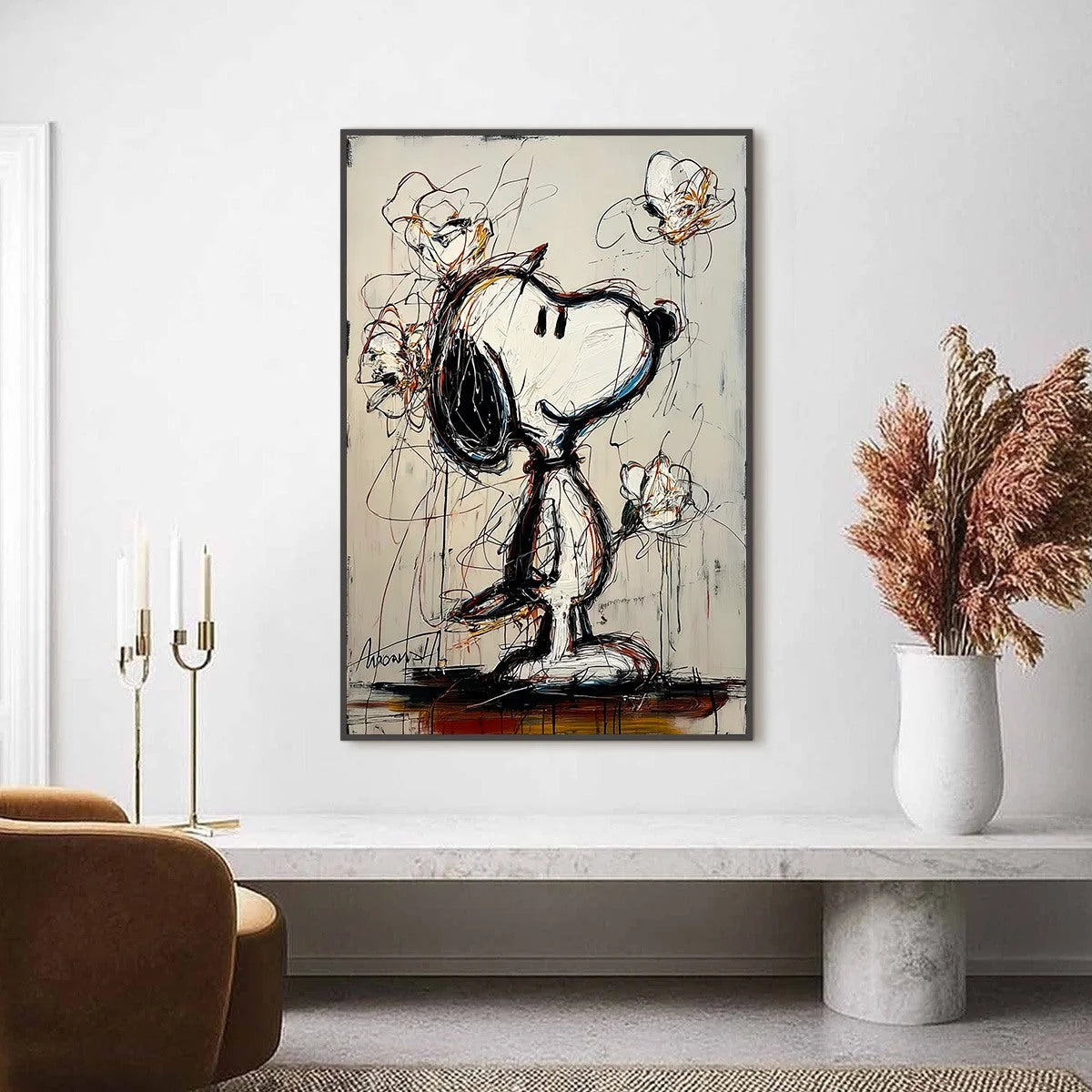 JOYFUL DAYDREAM: Expressive Pop Art Character Painting with Floral Accents | gold frame stretched on neutral wall