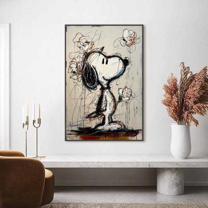 JOYFUL DAYDREAM: Expressive Pop Art Character Painting with Floral Accents | gold frame stretched on neutral wall