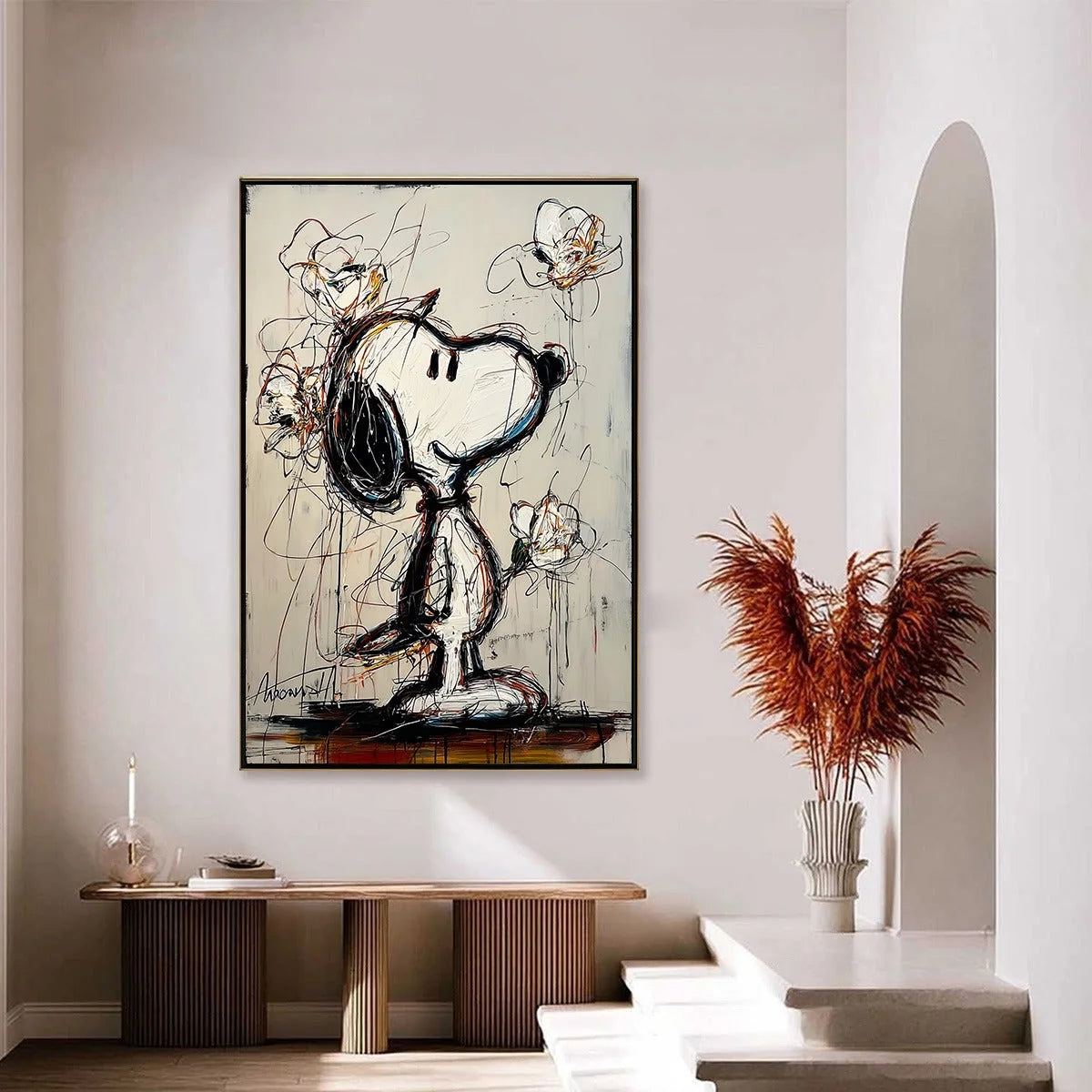 JOYFUL DAYDREAM: Expressive Pop Art Character Painting with Floral Accents | black frame version on white wall