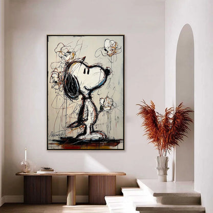 JOYFUL DAYDREAM: Expressive Pop Art Character Painting with Floral Accents | black frame version on white wall