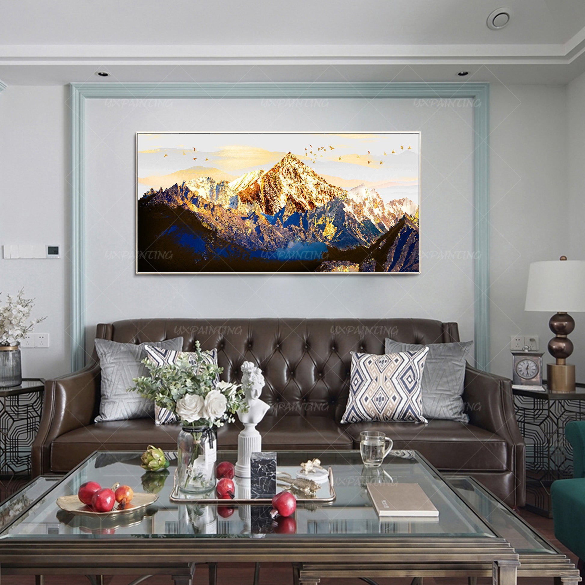 Extra grote afdrukbare muurkunst decor/goud marineblauw abstracte bergvogel/prin #13