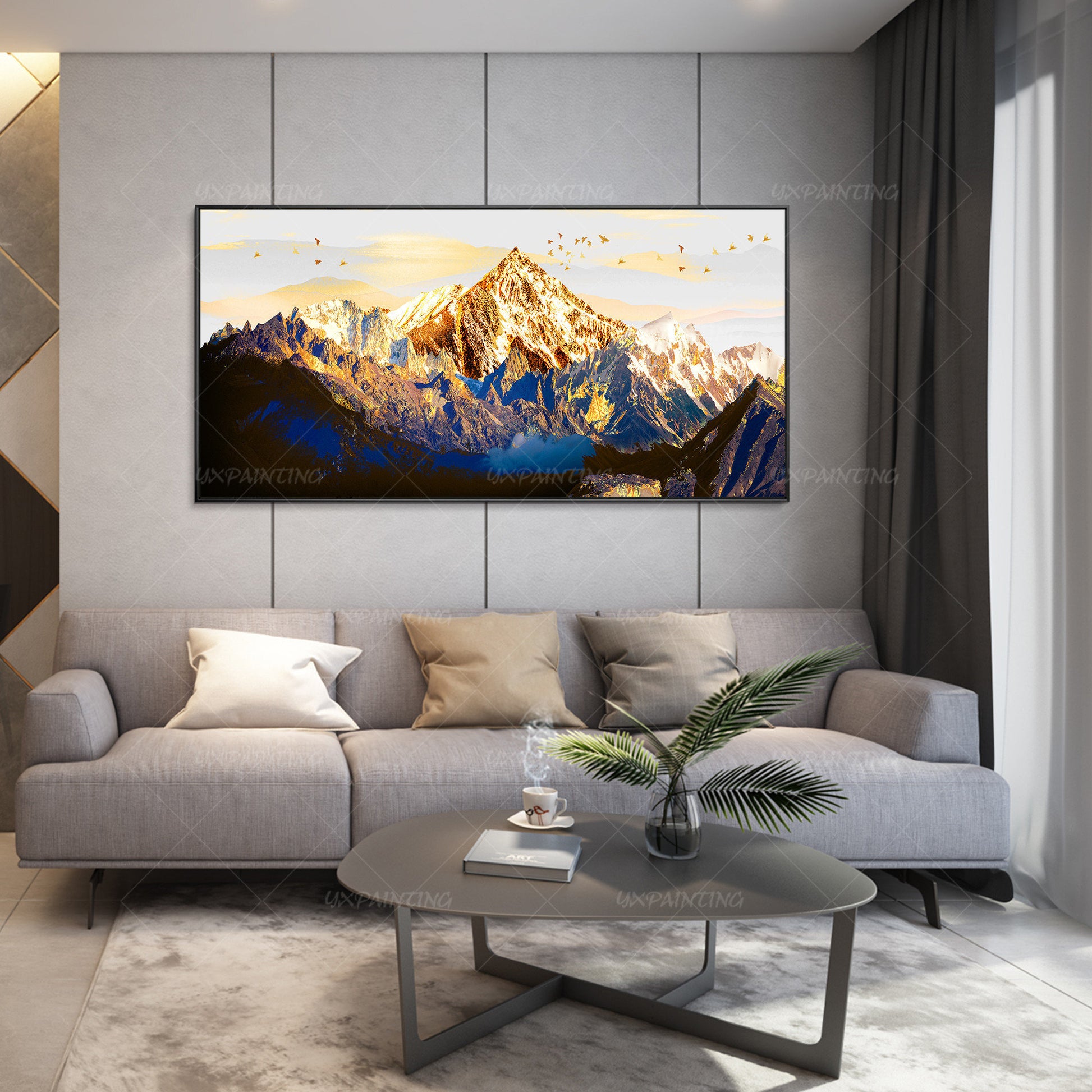 Extra grote afdrukbare muurkunst decor/goud marineblauw abstracte bergvogel/prin #15