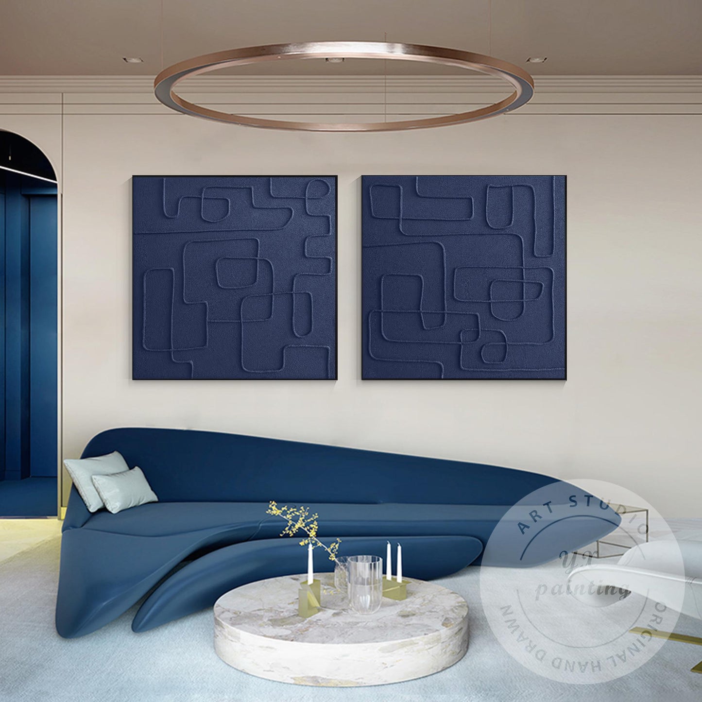 Extra Large Navy Blue 3D Texture Painting Set, Square Abstract Canvas Art, Frame #2
