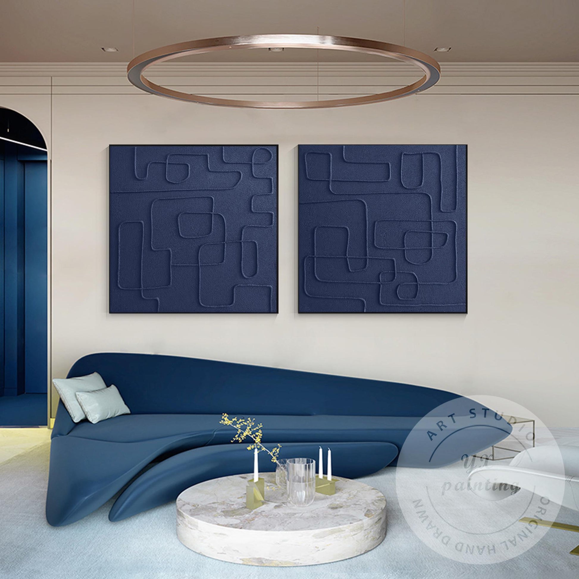 Extra Large Navy Blue 3D Texture Painting Set, Square Abstract Canvas Art, Frame #2