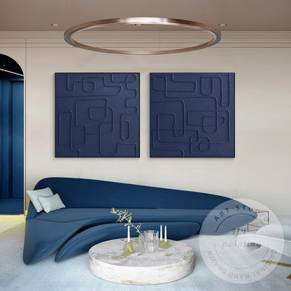 Extra Large Navy Blue 3D Texture Painting Set, Square Abstract Canvas Art, Frame #2