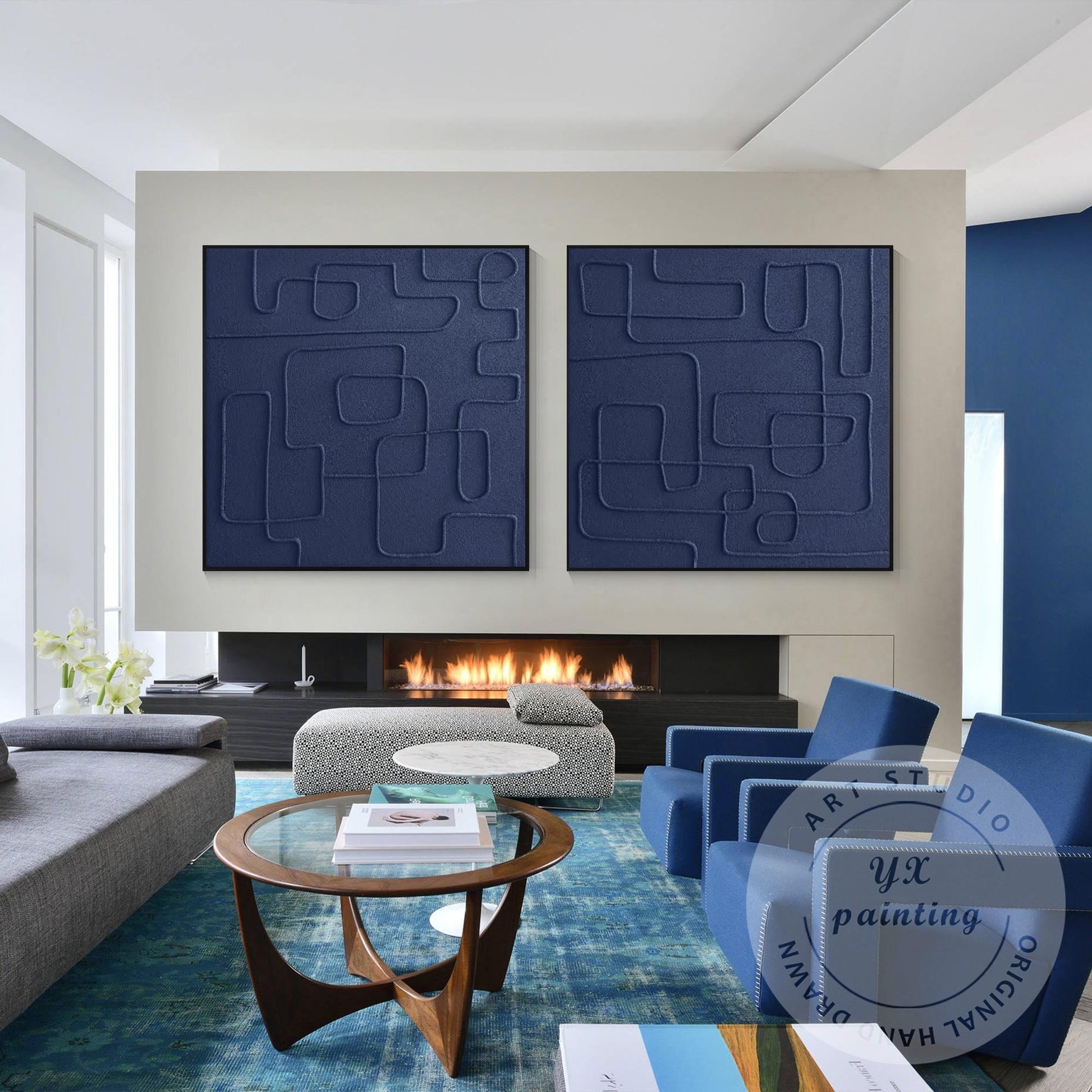 Extra Large Navy Blue 3D Texture Painting Set, Square Abstract Canvas Art, Frame #3