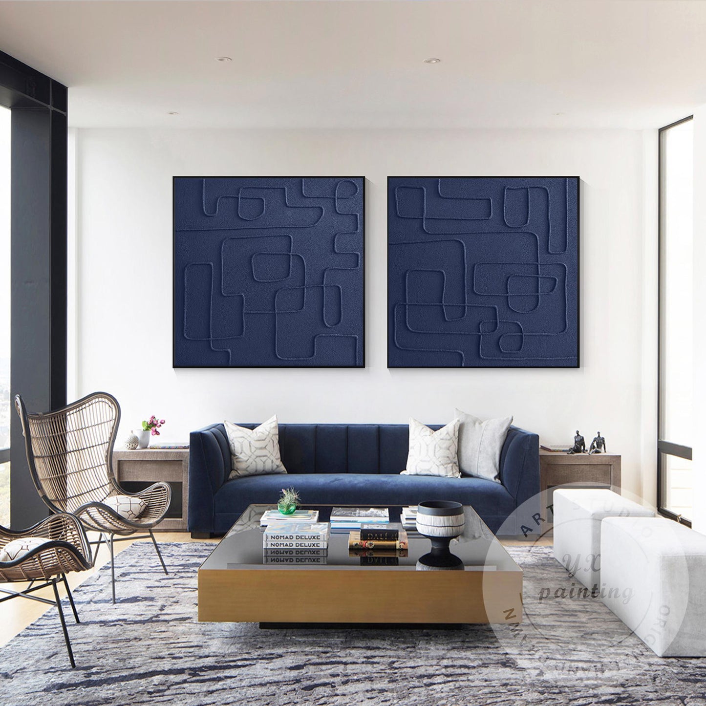 Extra Large Navy Blue 3D Texture Painting Set, Square Abstract Canvas Art, Frame #4