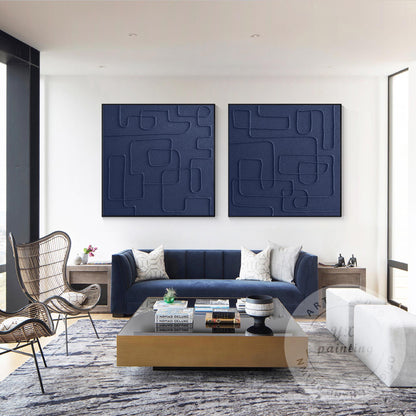 Extra Large Navy Blue 3D Texture Painting Set, Square Abstract Canvas Art, Frame #4