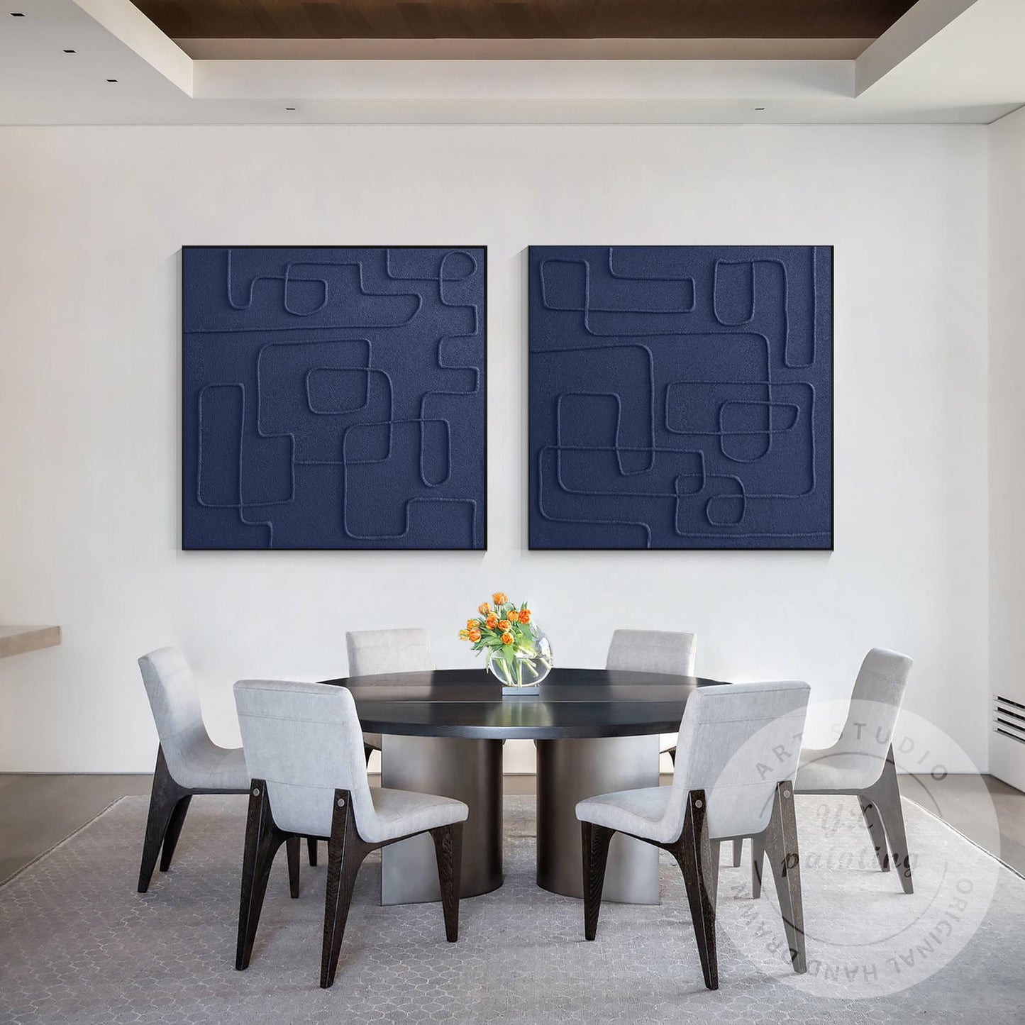 Extra Large Navy Blue 3D Texture Painting Set, Square Abstract Canvas Art, Frame #5
