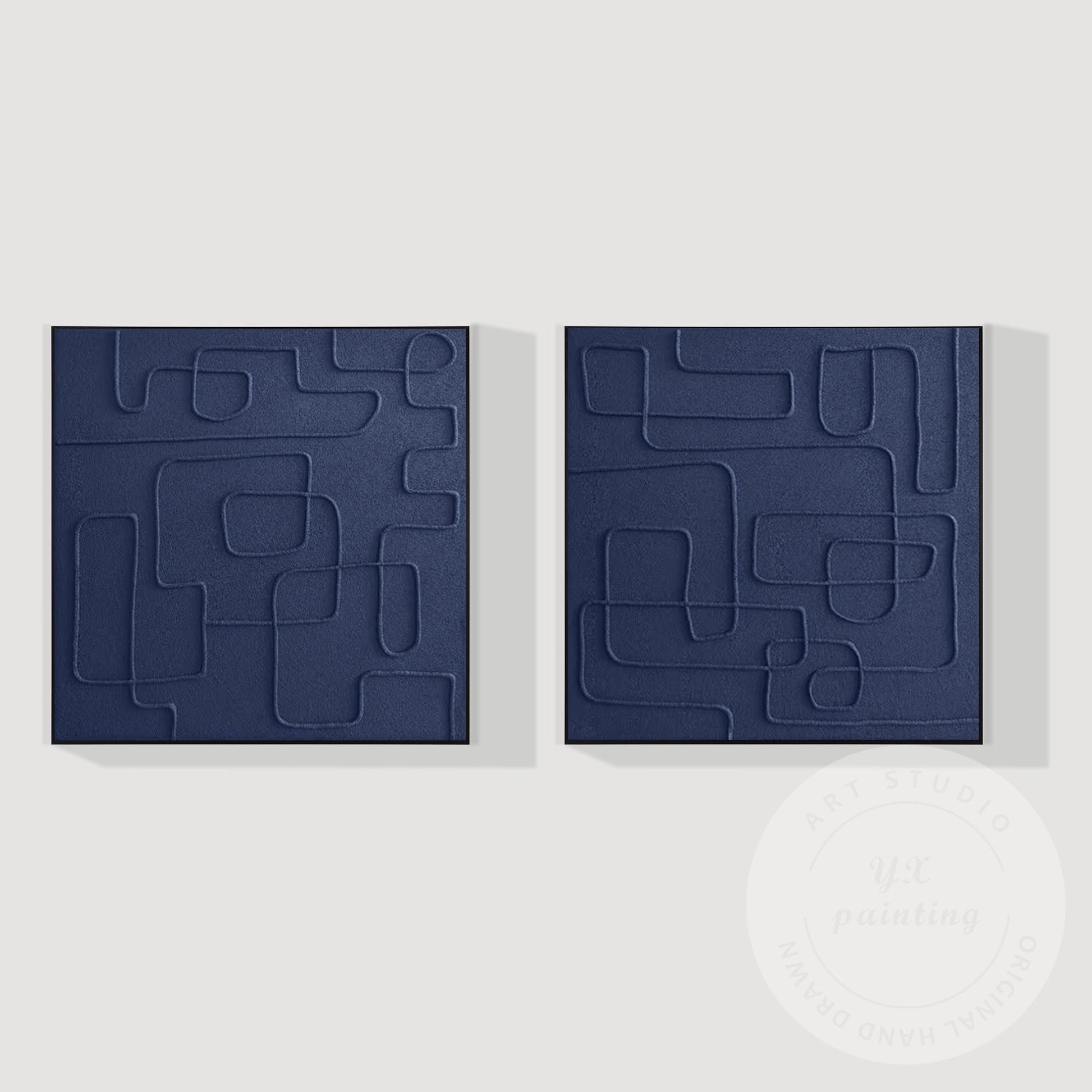 Extra Large Navy Blue 3D Texture Painting Set, Square Abstract Canvas Art, Frame #7