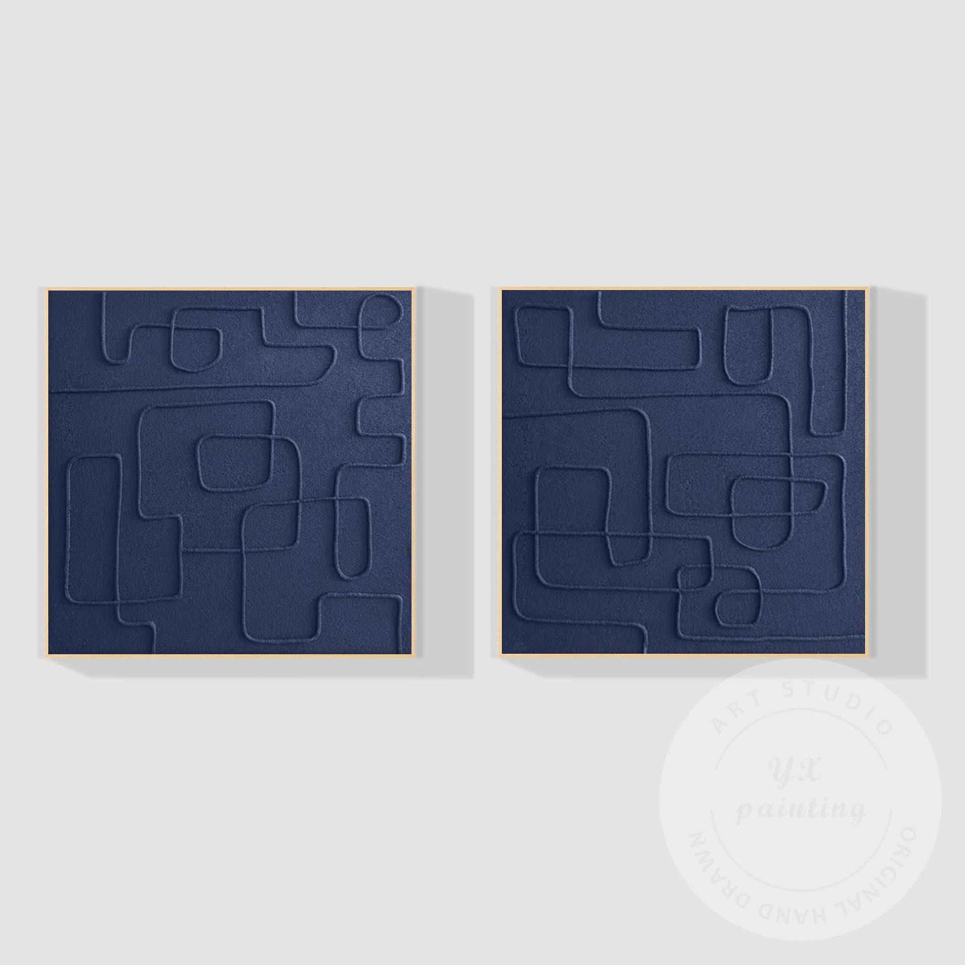 Extra Large Navy Blue 3D Texture Painting Set, Square Abstract Canvas Art, Frame #8
