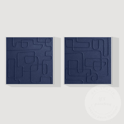 Extra Large Navy Blue 3D Texture Painting Set, Square Abstract Canvas Art, Frame #10