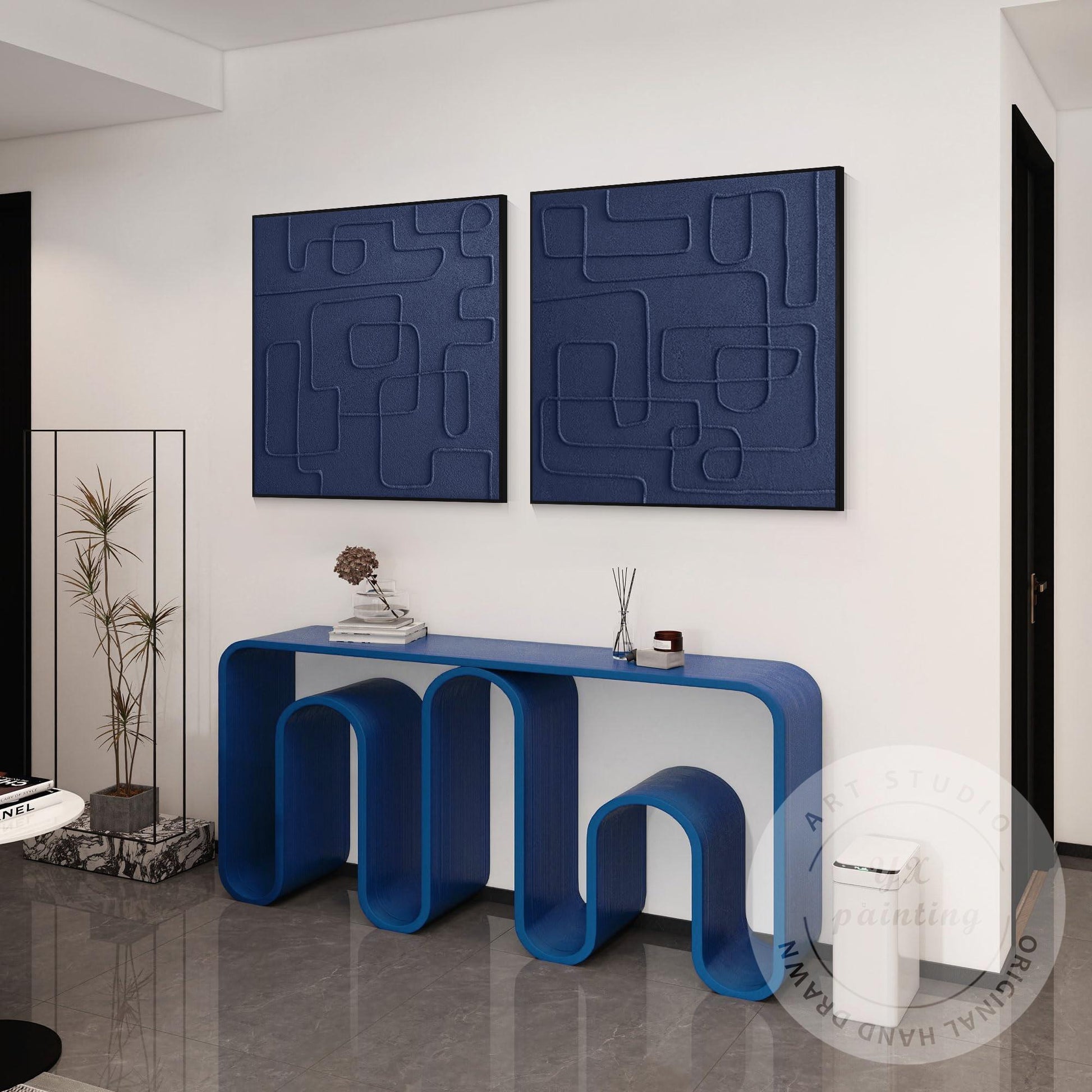 Extra Large Navy Blue 3D Texture Painting Set, Square Abstract Canvas Art, Frame #1