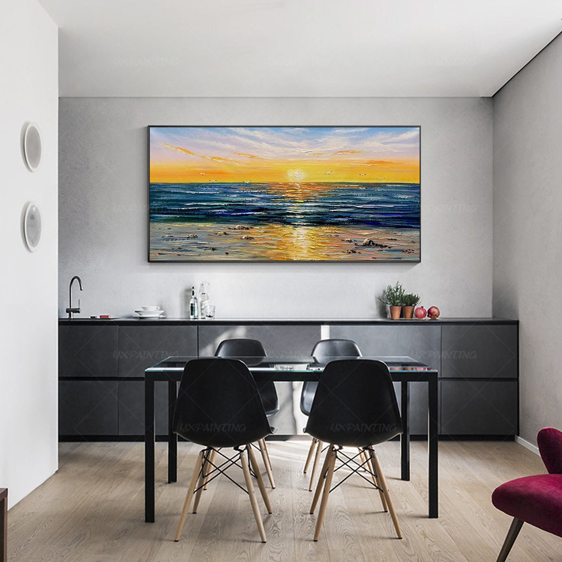 Extra Large Seascape Painting: Abstract Sunset Beach Wall Art #4