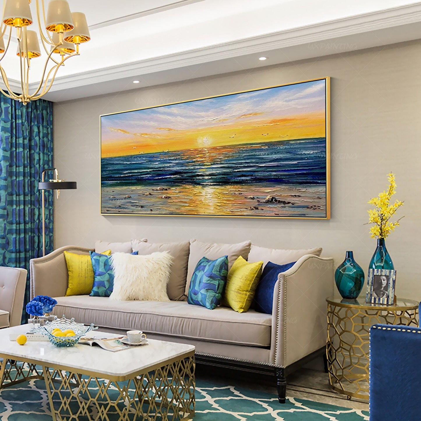 Extra Large Seascape Painting: Abstract Sunset Beach Wall Art #1