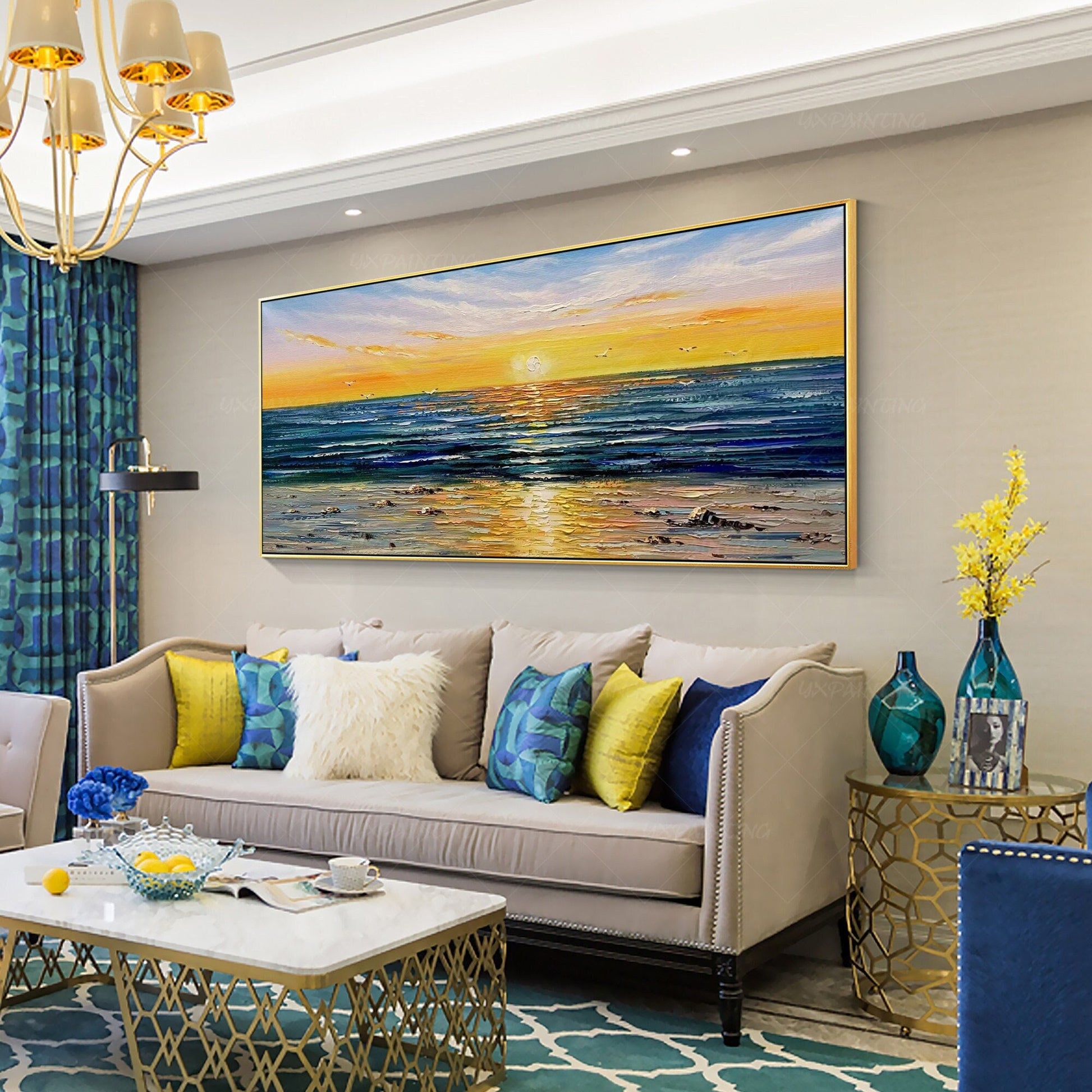 Extra Large Seascape Painting: Abstract Sunset Beach Wall Art #1