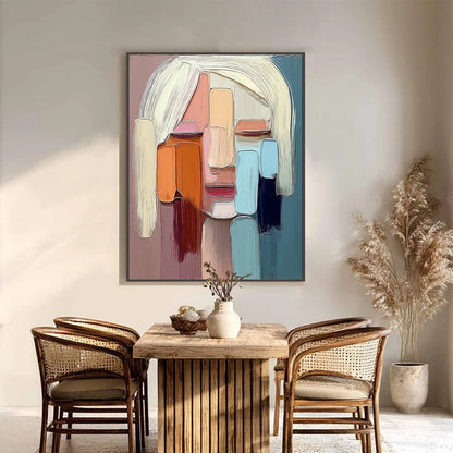 FACETS: Expressive Abstract Portrait Impasto Oil Painting | gold frame stretched on neutral wall