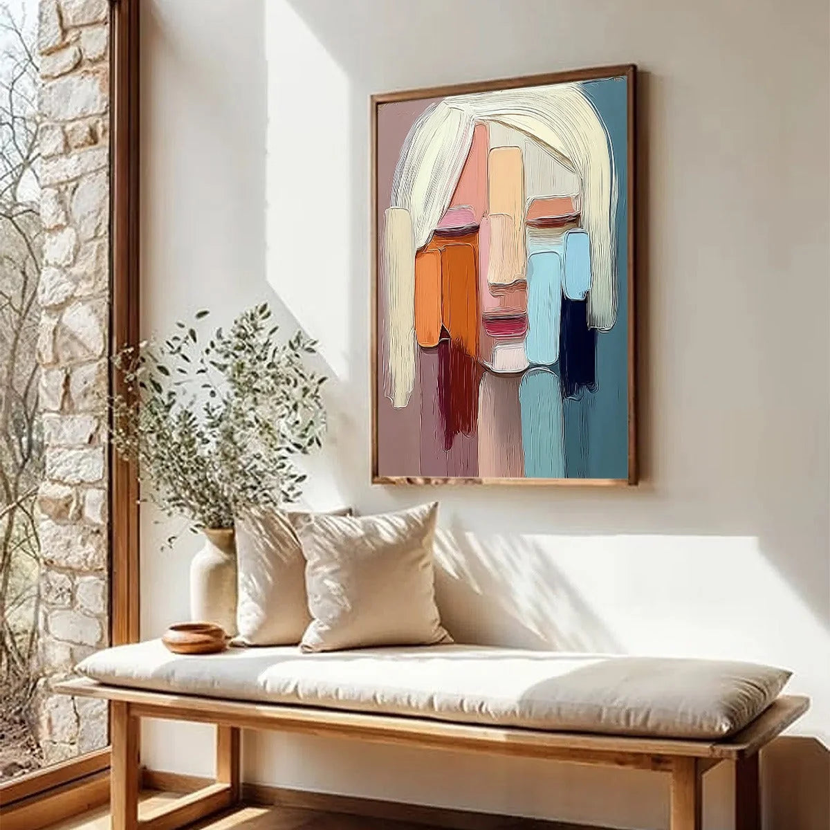 FACETS: Expressive Abstract Portrait Impasto Oil Painting | beige palette, original Hand-painted on premium stretched canvas using artist-grade oils; rich layered surface combines smooth gradients ...
