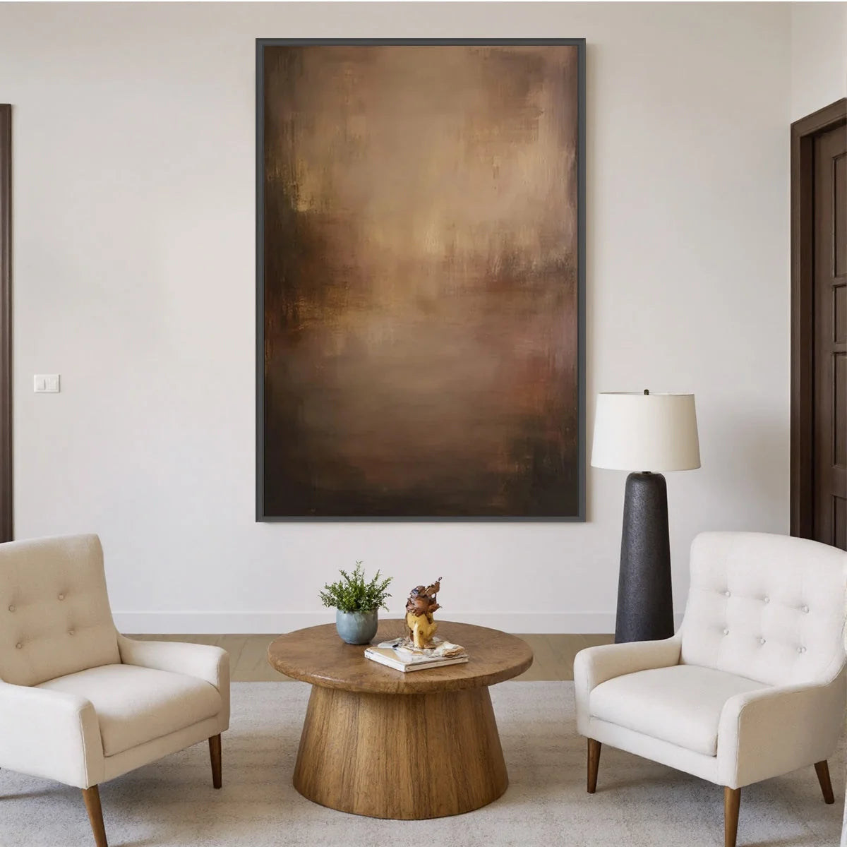 FADING EMBER: Wabi Sabi Abstract Art for Sophisticated Spaces | gold frame stretched on neutral wall