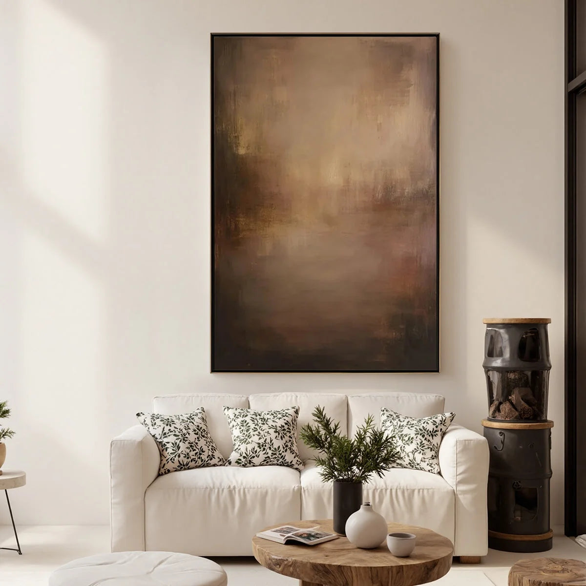 FADING EMBER: Wabi Sabi Abstract Art for Sophisticated Spaces | black frame version on white wall