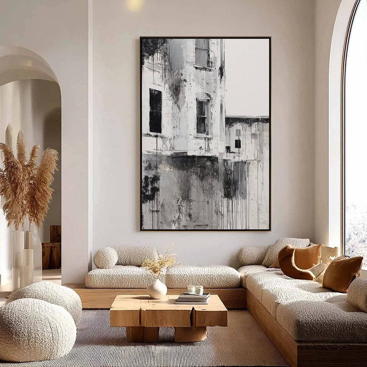 FADING FACADE: Monochromatic Abstract Architecture Painting | Abstract closeup, raised brushwork detail