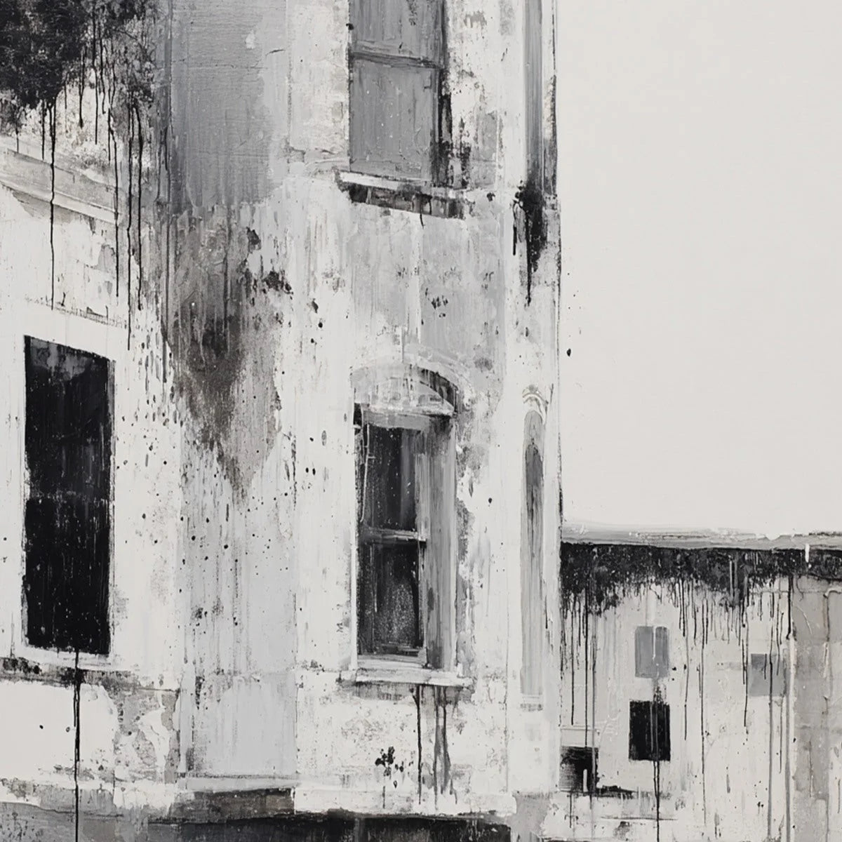 FADING FACADE: Monochromatic Abstract Architecture Painting | rectangular format, hand-painted canvas edge
