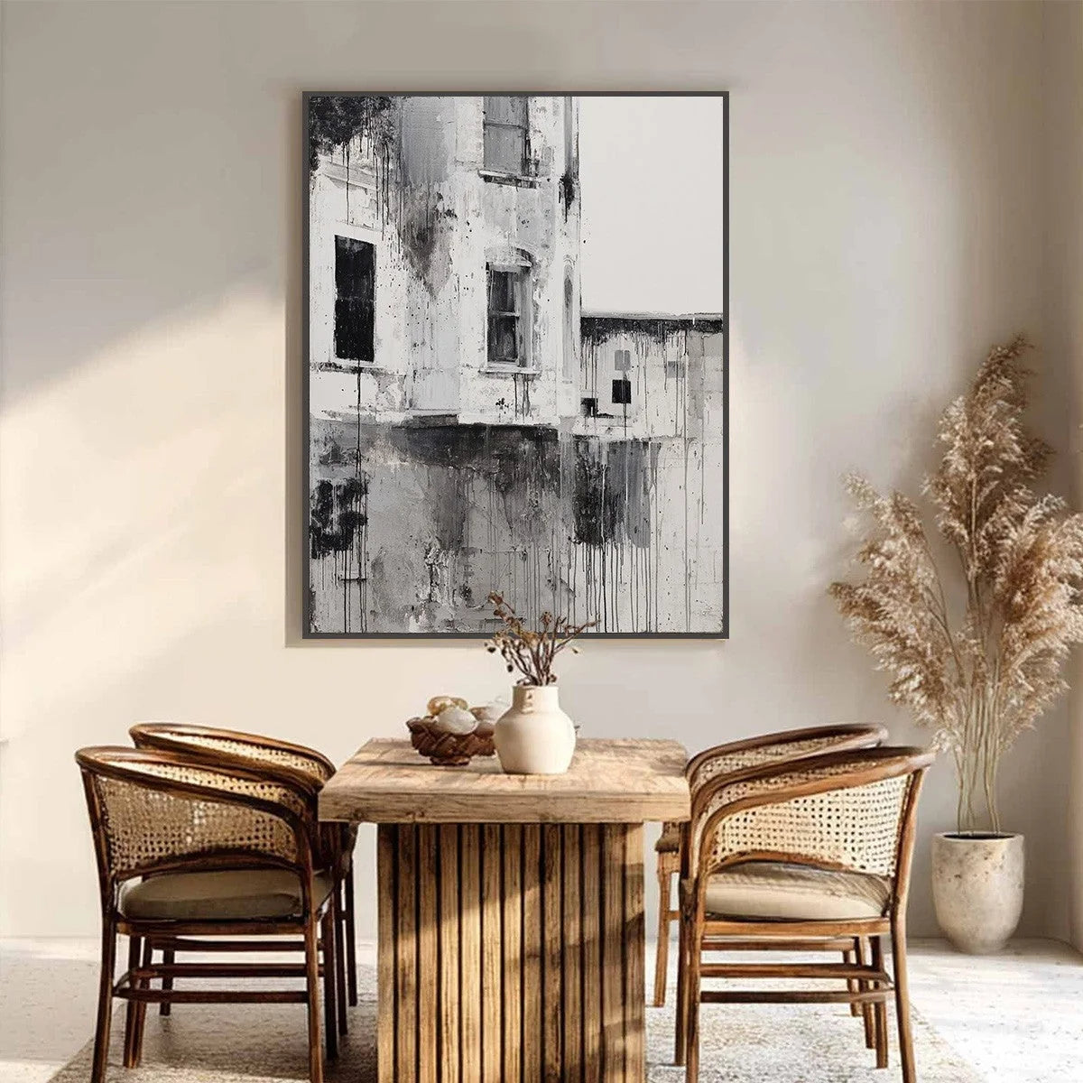 FADING FACADE: Monochromatic Abstract Architecture Painting | gold frame stretched on neutral wall