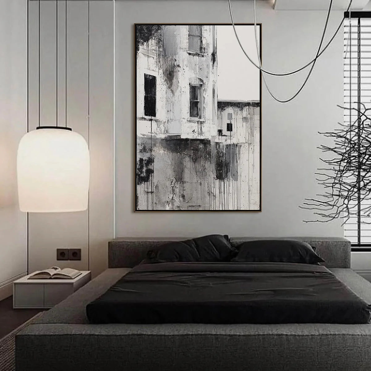 FADING FACADE: Monochromatic Abstract Architecture Painting | black frame version on white wall