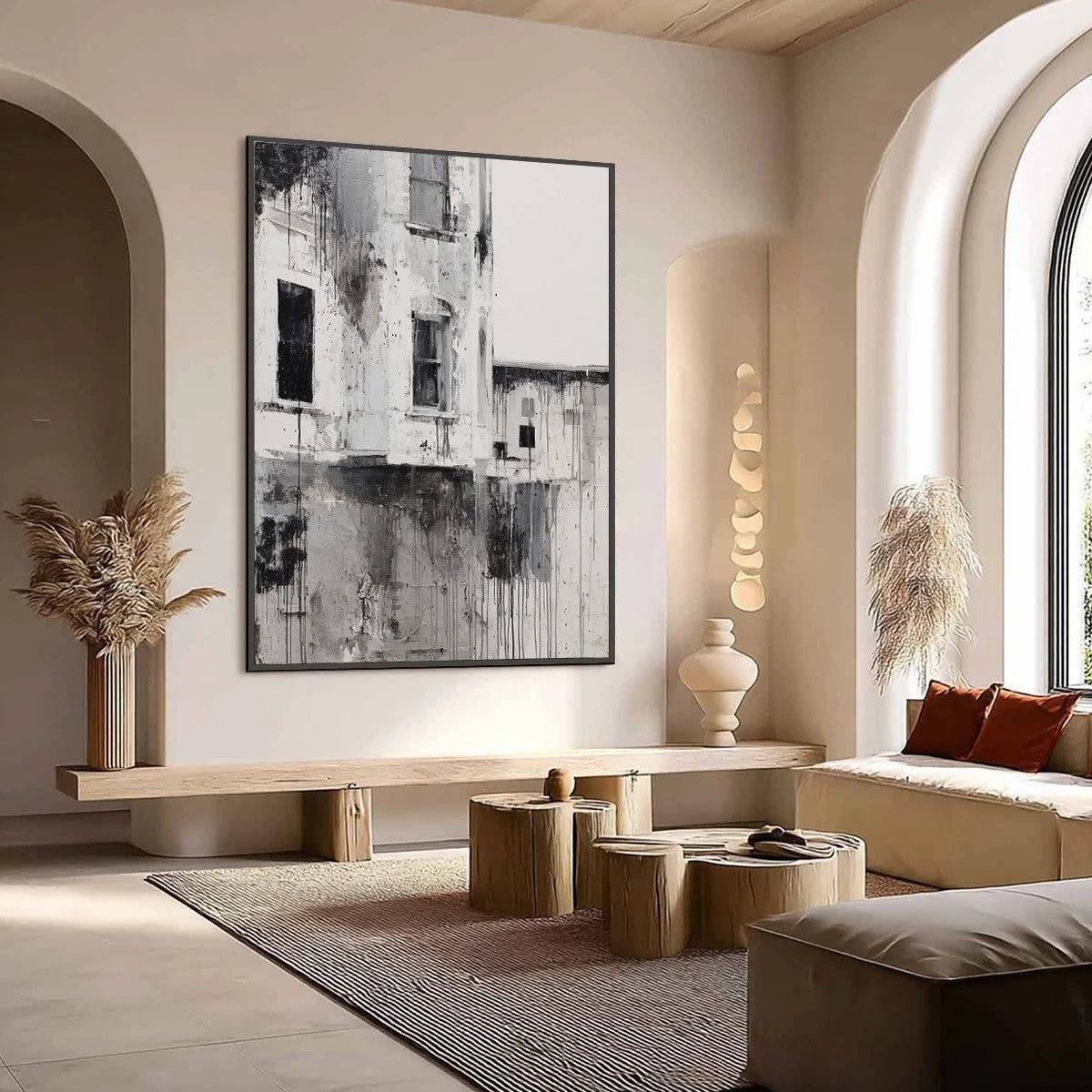 FADING FACADE: Monochromatic Abstract Architecture Painting | Abstract mood, soft natural light studio shot