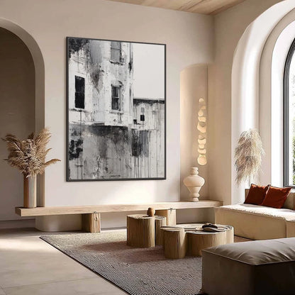 FADING FACADE: Monochromatic Abstract Architecture Painting | Abstract mood, soft natural light studio shot