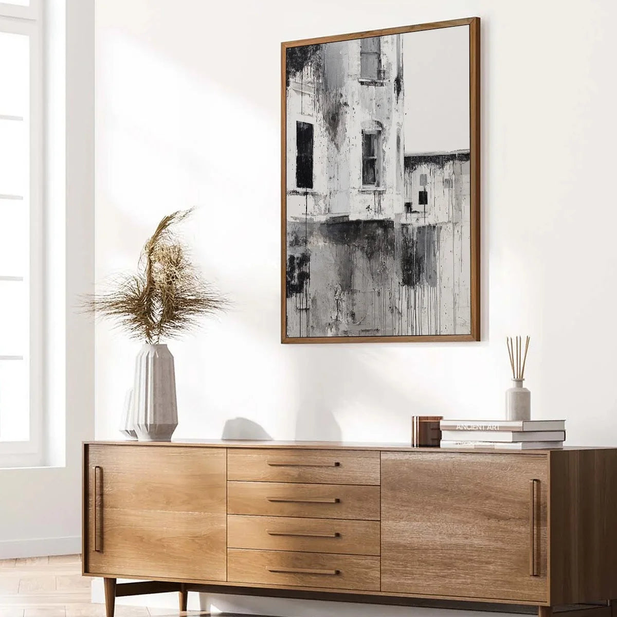 FADING FACADE: Monochromatic Abstract Architecture Painting | beige palette, original Hand-painted on premium stretched canvas using artist-grade oils; rich layered surface combines smooth gradient...
