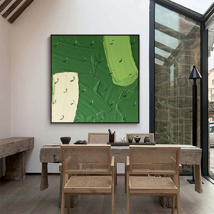 FAIRWAY DANCE: Textured Impasto Golf Scene Painting | gold frame stretched on neutral wall