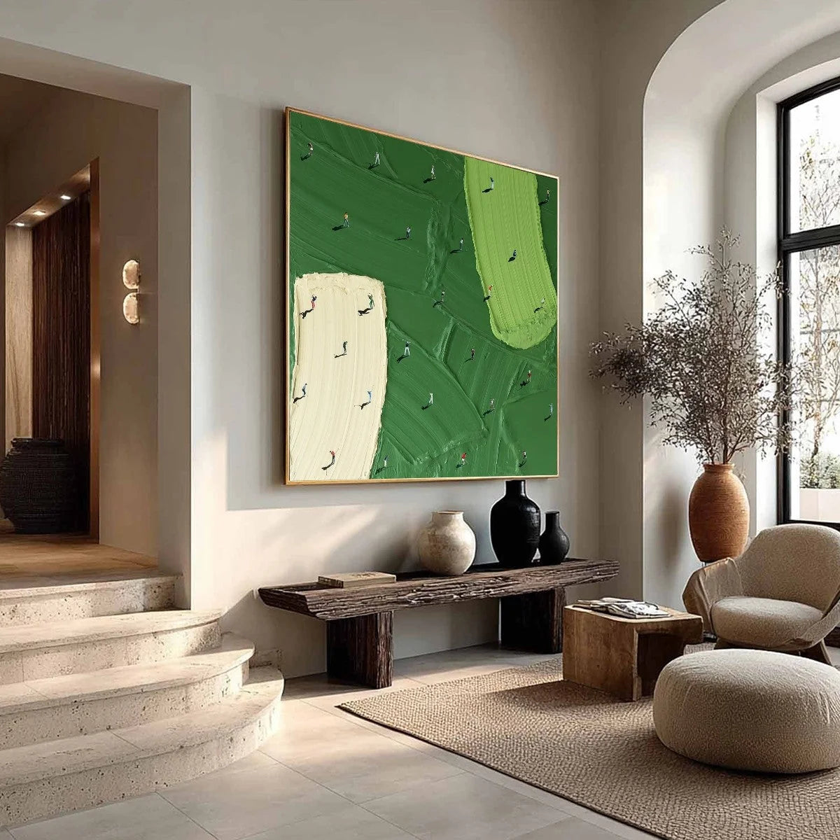 FAIRWAY DANCE: Textured Impasto Golf Scene Painting | beige palette, original Hand-painted on premium stretched canvas using artist-grade oils; rich layered surface combines smooth gradients with t...
