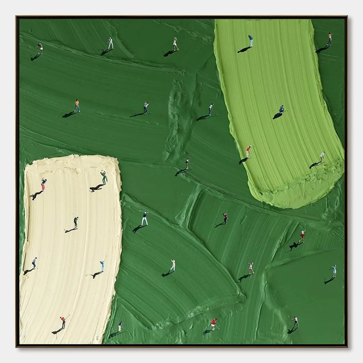 FAIRWAY DANCE: Textured Impasto Golf Scene Painting | hanging in FAIRWAY DANCE: Textured Impasto Golf Scene Painting featuring layered textured brushwork in refined tones; abstract composition with...